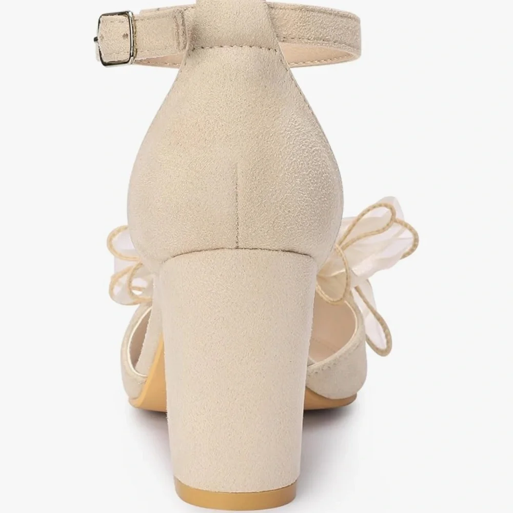 Allegra K Cream Block Heel Shoes with Sheer Bow
